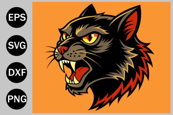 Angry Black Cat Side Profile Head in Old