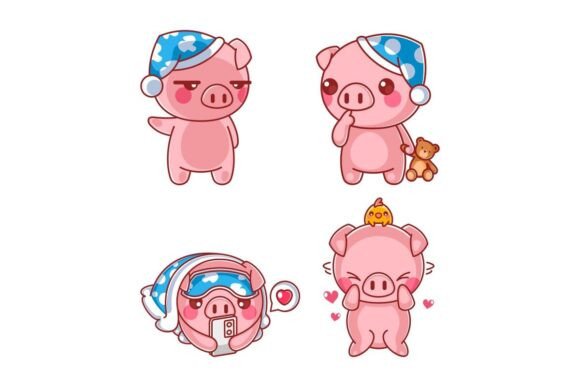 Cute Pig Sleeping Cartoon Style Set